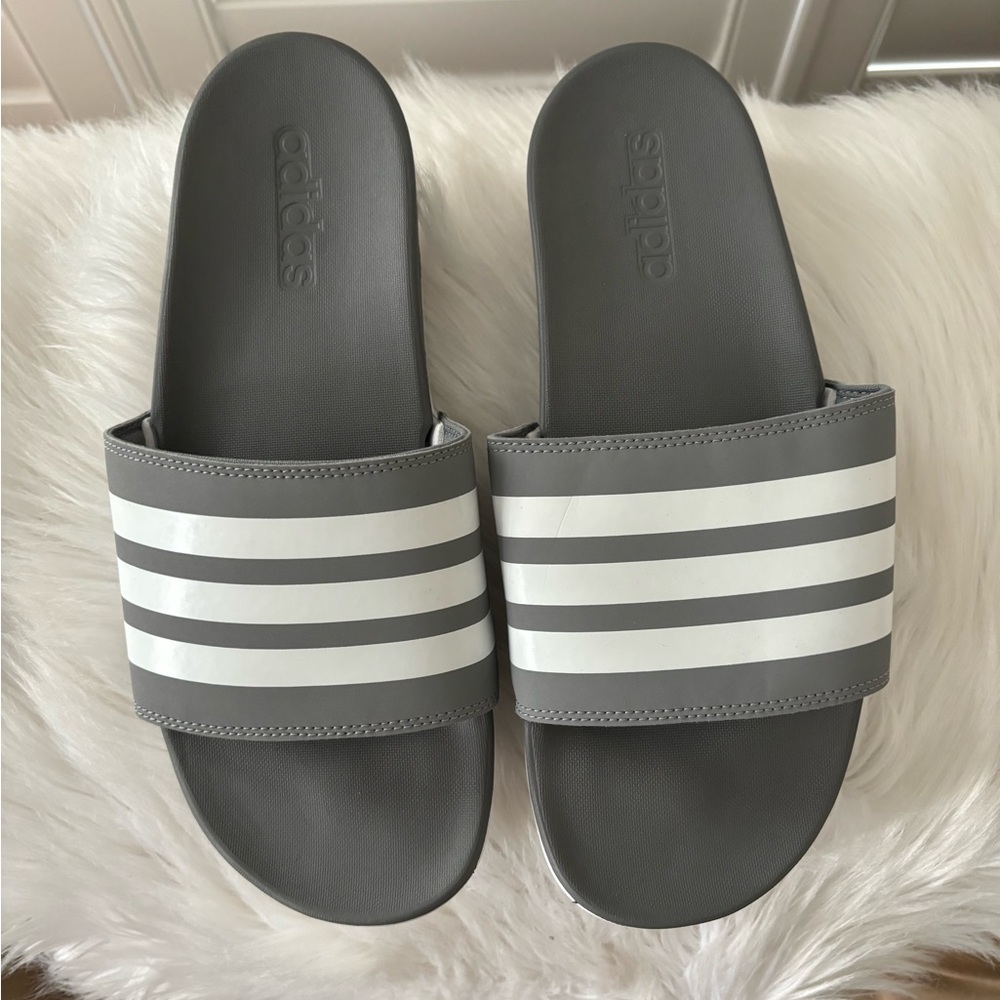 New Adidas gray and white slides